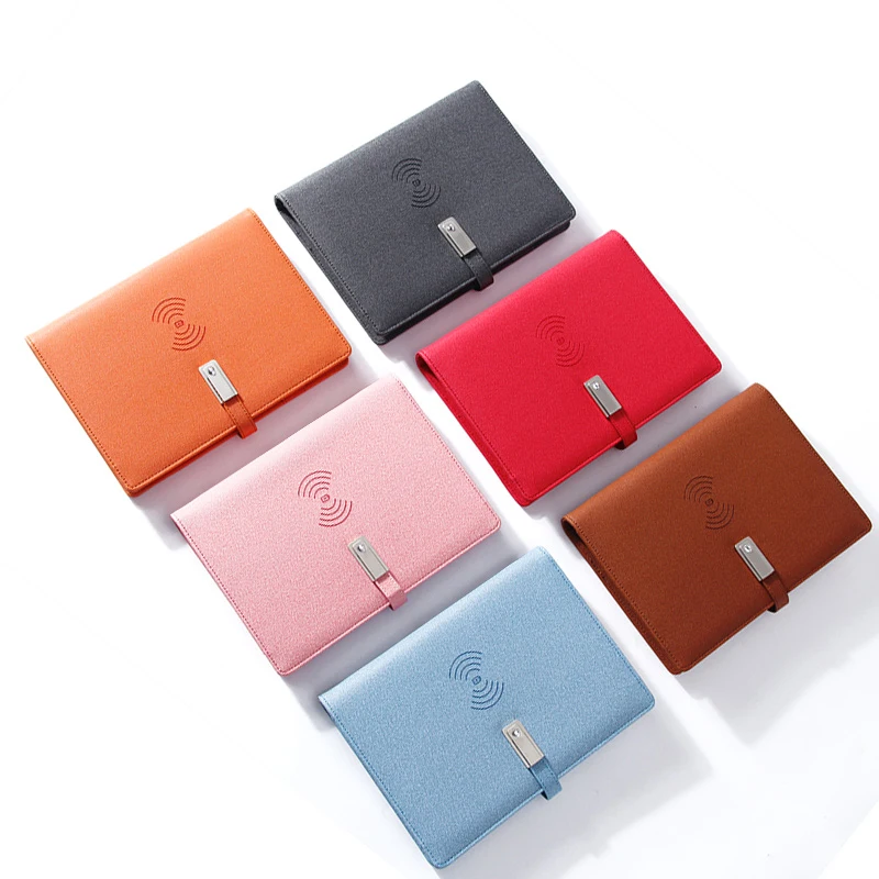 Hi-tech A5 red leather wireless charging notebook with 8000 mah powerbank and 16G USB flash drive