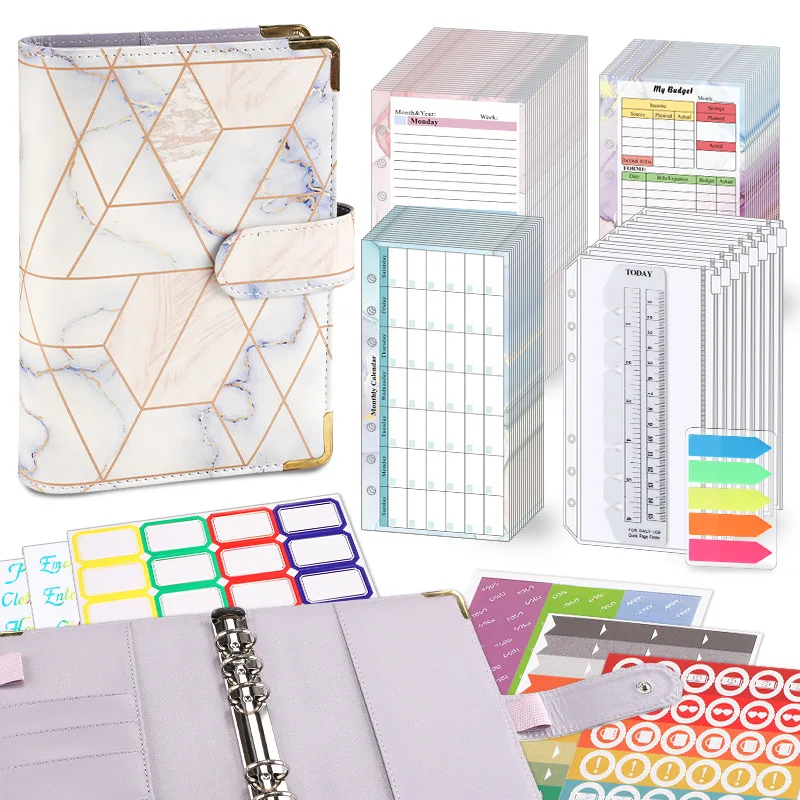 A6 Loose-leaf Rings Binder New Gold Stamping Marble Pu Leather Budget Binder With Cash Envelopes Journal Notebook Planner Diary