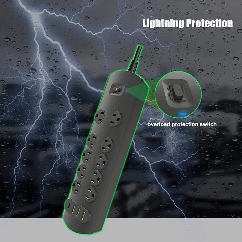 USA Standard 10 Outlets Electrical Multiplug Extension Lead Extension Board Plug Socket Surge Protector 4 Port USB Power Strip