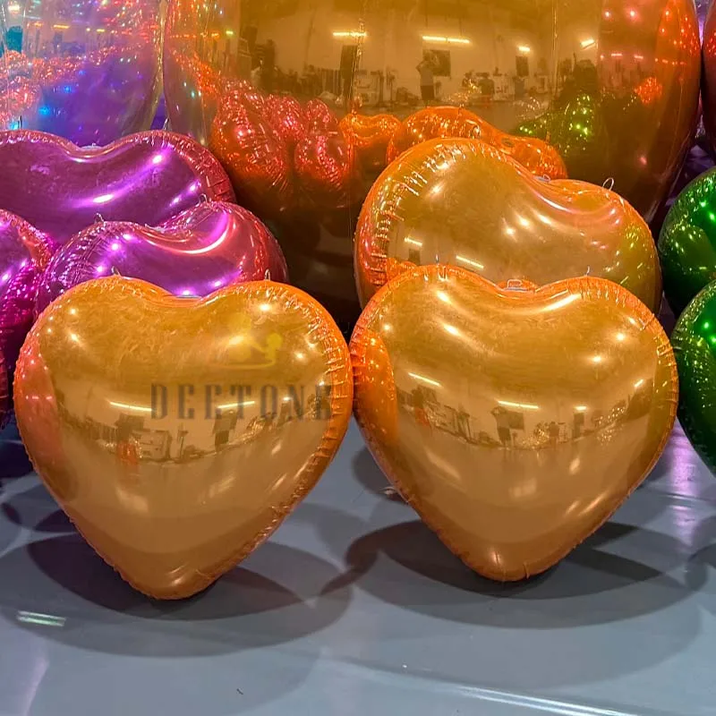 Romantic Valentine Red Pink Shiny PVC Mirror Ball Inflatable Heart-Shaped Mirror Balloon Inflatable Heart Mirror Sphere