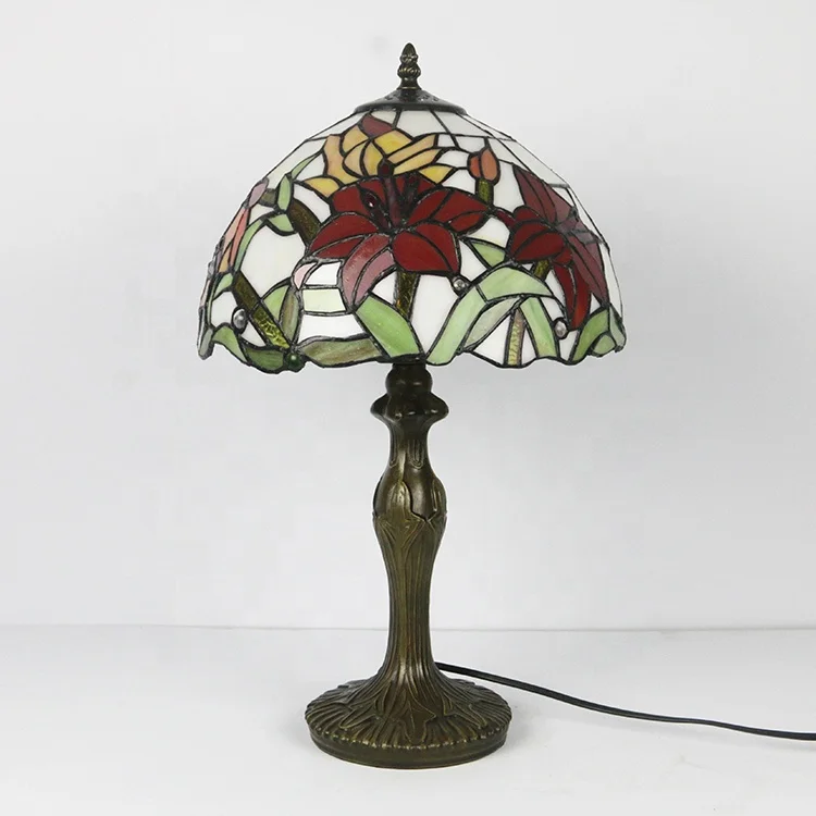 LongHuiJing Handmade Tiffany Style Floral Table Lamp Zinc Alloy Base Glass Lampshade lamps Antique Art Nightstand lights