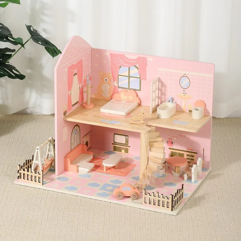Wooden Simulation Princess Castle Villa Doll House Play House Bedroom Mini Furniture Set Baby Role Play Toys