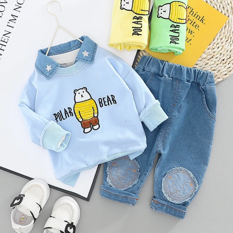 
2020 Comfortable spring bear cartoon cowboy collar two piece baby sets 