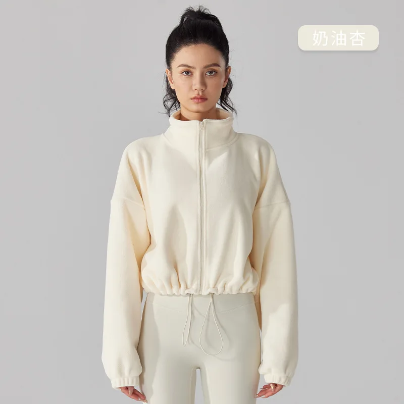 Womens Clothing Winter Outfits Thick Stand Collar Fleece Yoga Jacket Gym Fitness Sportswear Casual Warm Long Sleeve Yoga Coat
