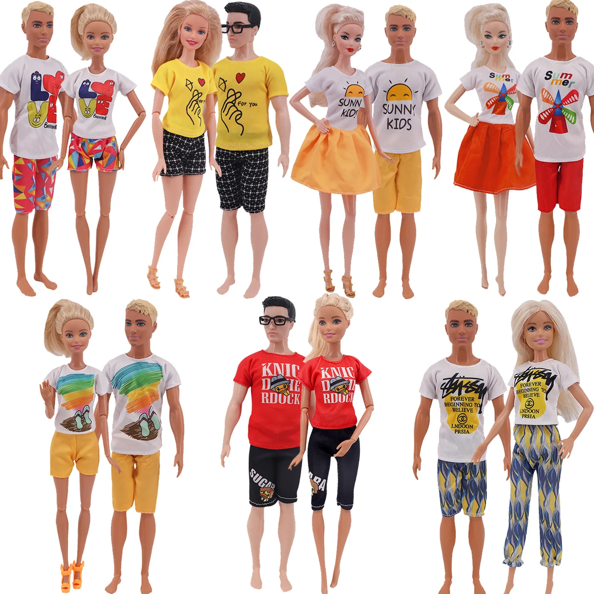 30cm Doll clothes 2pcs Couple outfit Point Dress Shirt Denim Grid Skirt Daily Casual Wear Accessories