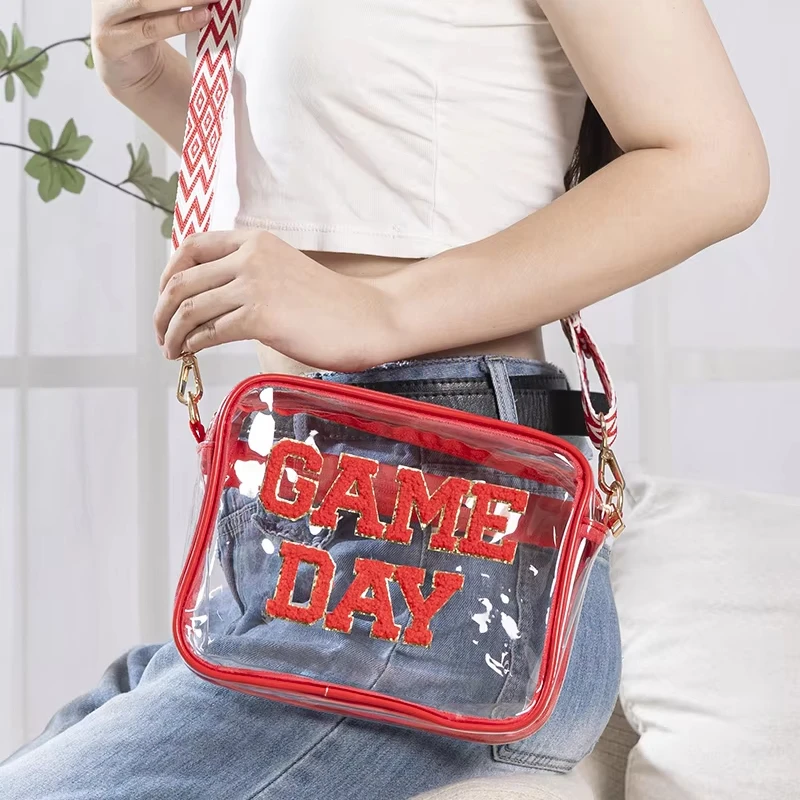 2024 Newest Custom PVC Crossbody Concert Bag Purse Fashion Chenille Embroidery Clear Game Day Stadium Bag with Strap