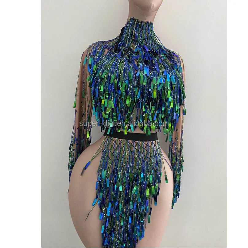 Flashing Silver Sequins Fringe Dress Women Dancer Costumes Nightclub DS Show Outfit Birthday Celebrity Dresses Stage Wear