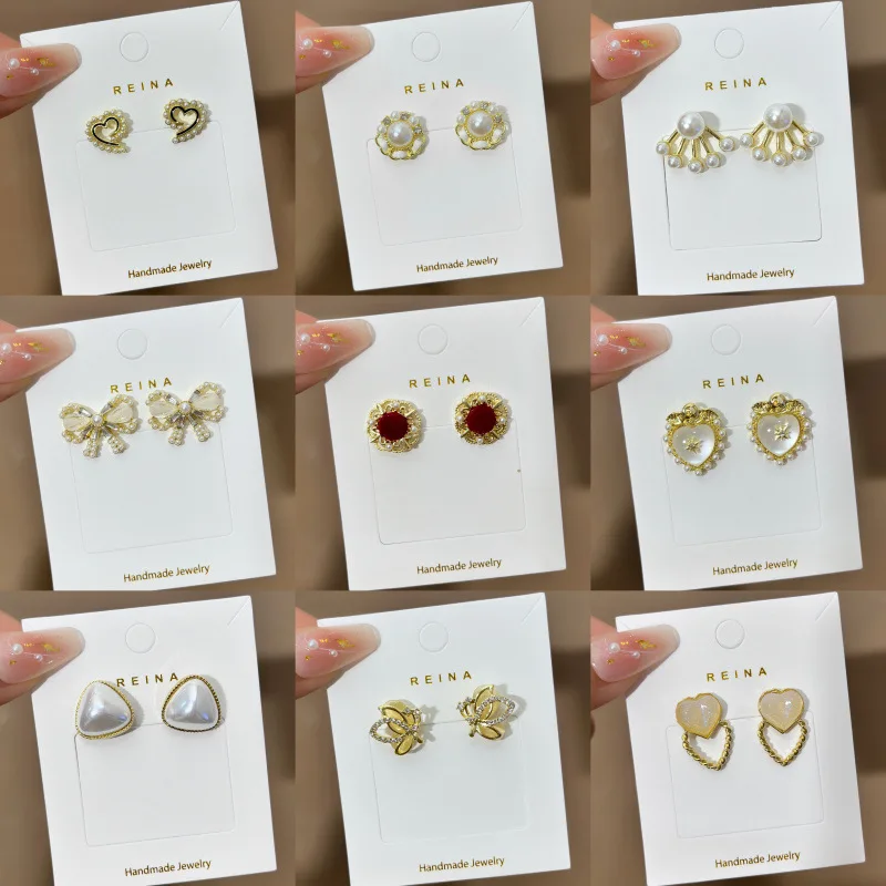 Korean fashion hollow leaf diamond pearl s925 silver needle earrings irregular heart camellia hypoallergenic for women earring