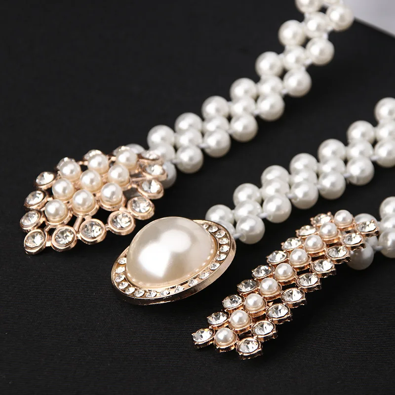 Wholesale Women Vintage Pearl Waist Chain Fashion Rhinestone Pearl Belt Elastic Beaded Belt for Women Dress Accessories