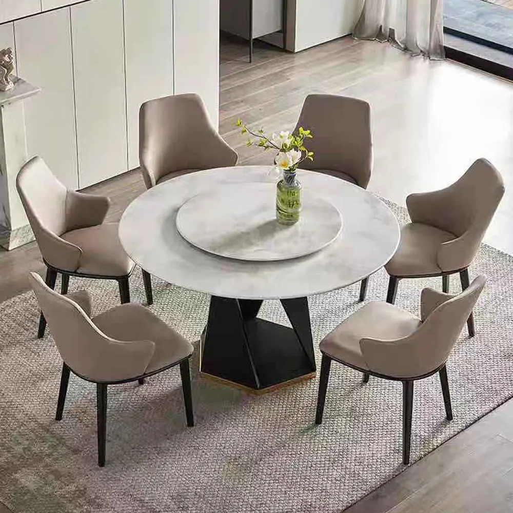 Solid dining table with stainless steel base for home and hotel with marble top for 6 people