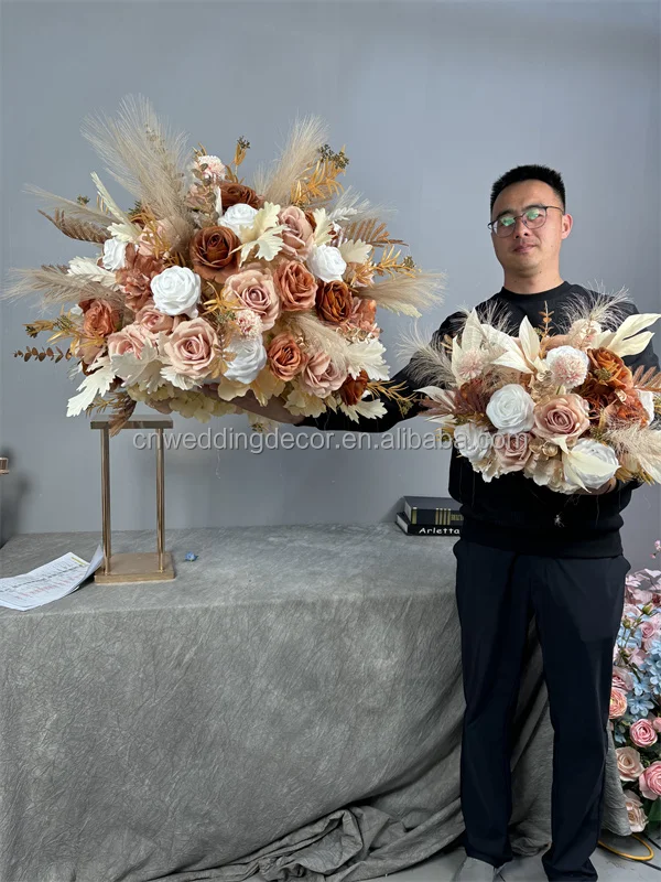 Bride Bouquet Real Touch Flower Feather Pink White Champagne Rose Gold Leaves Flower Ball Centerpiece For Wedding Decoration
