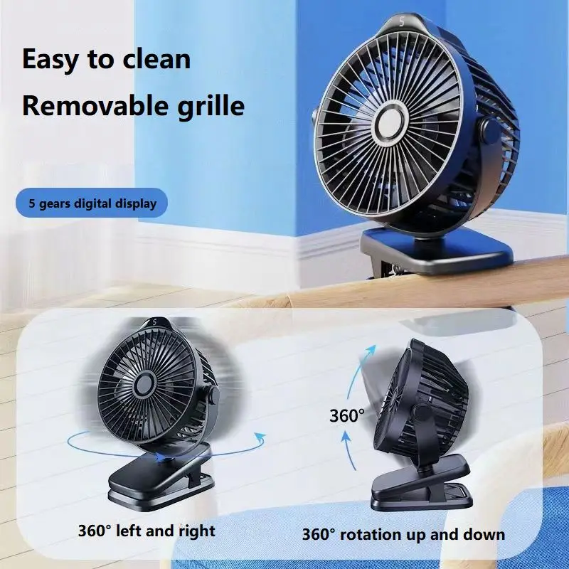 Mini Portable 3 Seconds Rapid Cooling 4th Gear High Wind 10000Mah Battery Mobile Power USB Rechargeable Desk Clip Fan