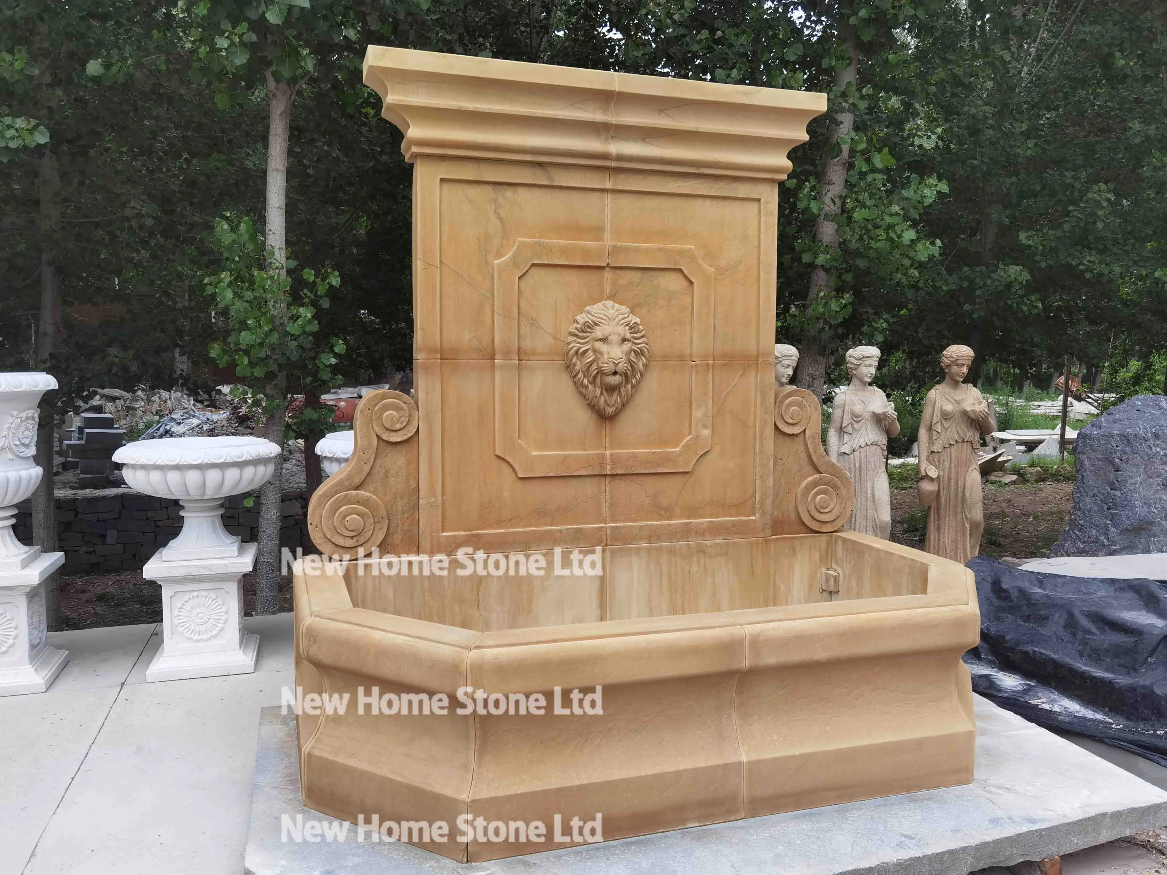 Antique beige stone wall fountain with lion head waterfall marble water limestone fountain for garden decor