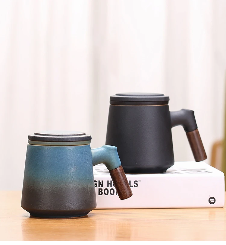 Mug Ceramic Office Custom Logo Tea Separation Cup Wooden Handle Filtered Tea Leaves with Tea Infuser