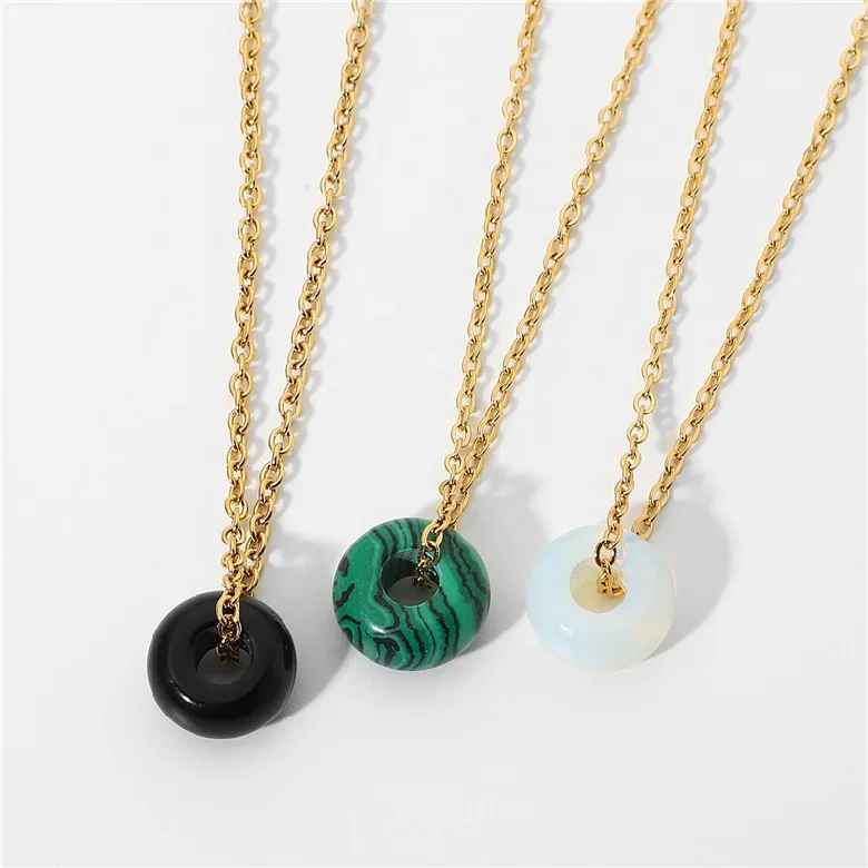 New Fashion Jewelry Natural  Stone Black Stone Bead 18k Plated Gold Stainless Steel Pendant Necklace Women