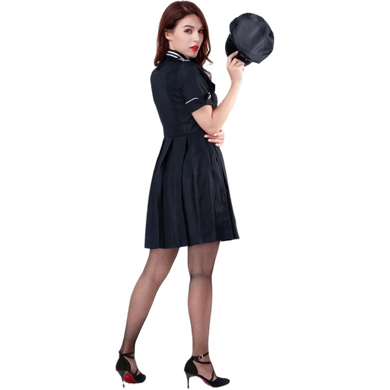 M-XL Black Pilot Sailor Suit Nightclub Role Play Policewoman Dress Stage Performance Costume Halloween Costume