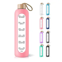 Sports Water Cup Silicone Sleeve Bamboo Cover Large-capacity Cute 1 Liter Glass Water Bottle with Time Marker
