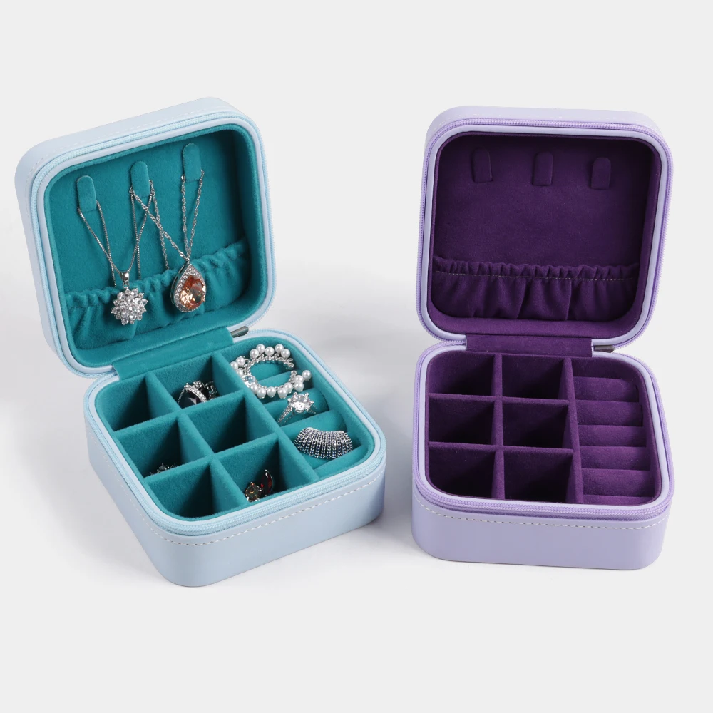 Olai PU Leather Rhombic Sewing Travel Ring Earring Pendant Jewelry Box Accessories Storage Zipper Gift Box