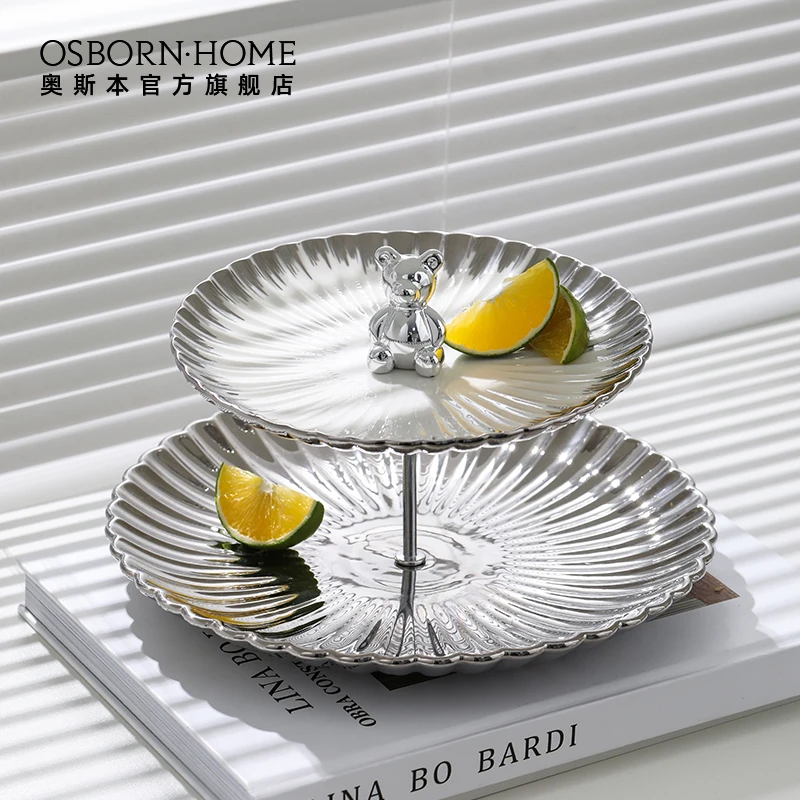 OSBORN Household Bear Ceramic Multi-layer Cake Fruit Dessert plate afternoon tea set with Metal Stand for Wedding Dessert Plate