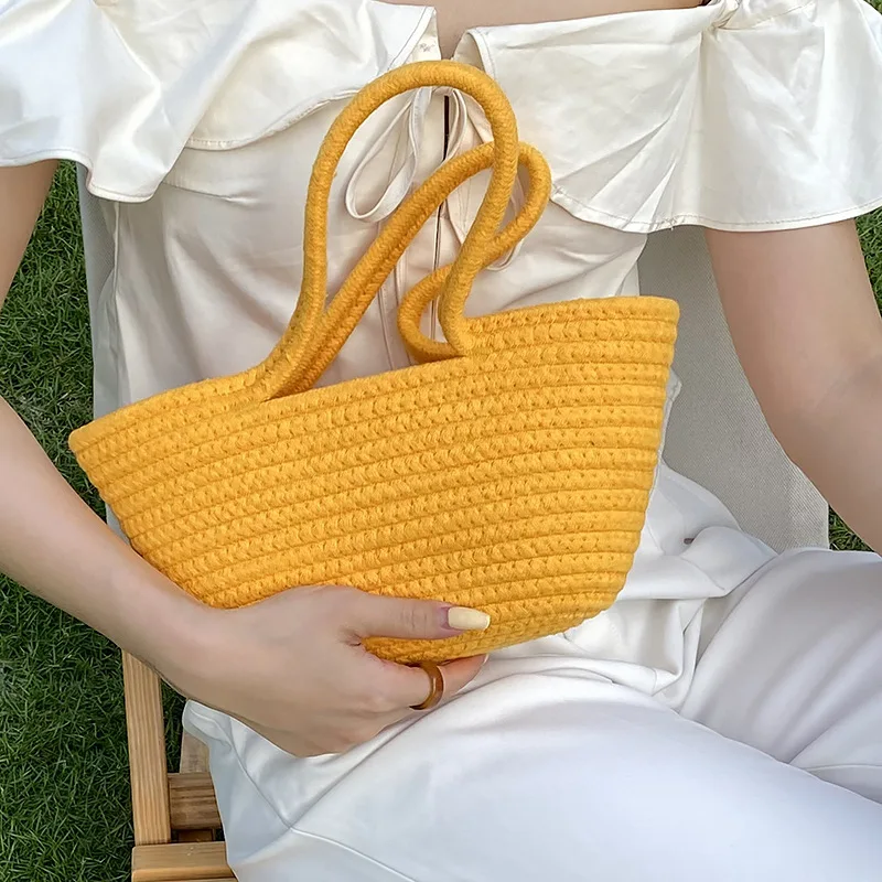 New Stylish Multicolor Cotton Rope Woven Crochet Summer Beach Tote Handbag Portable Leisure Knitting Thread Storage Bucket bag