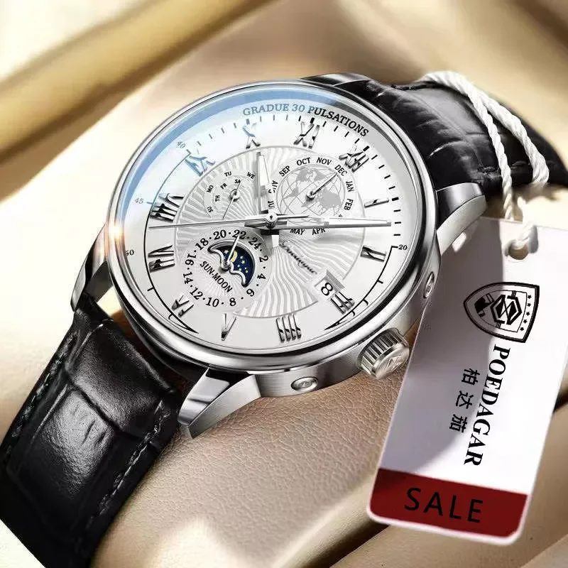 Fashion New POEDAGAR 908 Reloj Leather Mens Luxury Business Quartz Wrist Watch for men