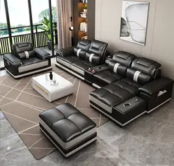 2022 cheap living room furniture sofas sectionals L shape leather sofa set with customize material function table