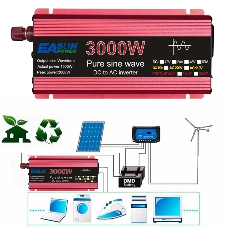 1KW 1.6KW 2.2KW 3KW inverter power inverter 12V 220V DC To AC Pure Sine Wave Solar Inverter Transformer 50hz60hz 24Volt Inversor