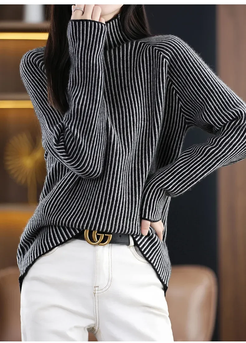 Popular New Product Contrast Color Striped Long Hair Cashmere Knitted Sweater Wool Turtleneck Pullover Custom Knit