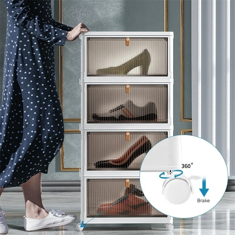 Muti-layer shoe organizer storage organiser for home Dustproof sneakers high wheels boxes Transparent folding shoe storage box