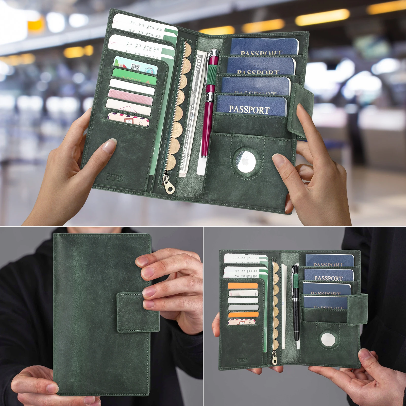 Vintage Clasp Design Crazy Horse Leather Family Travel Wallet Rfid Passport Card Holder Organizer Clutch With Zipper Coin Pocket