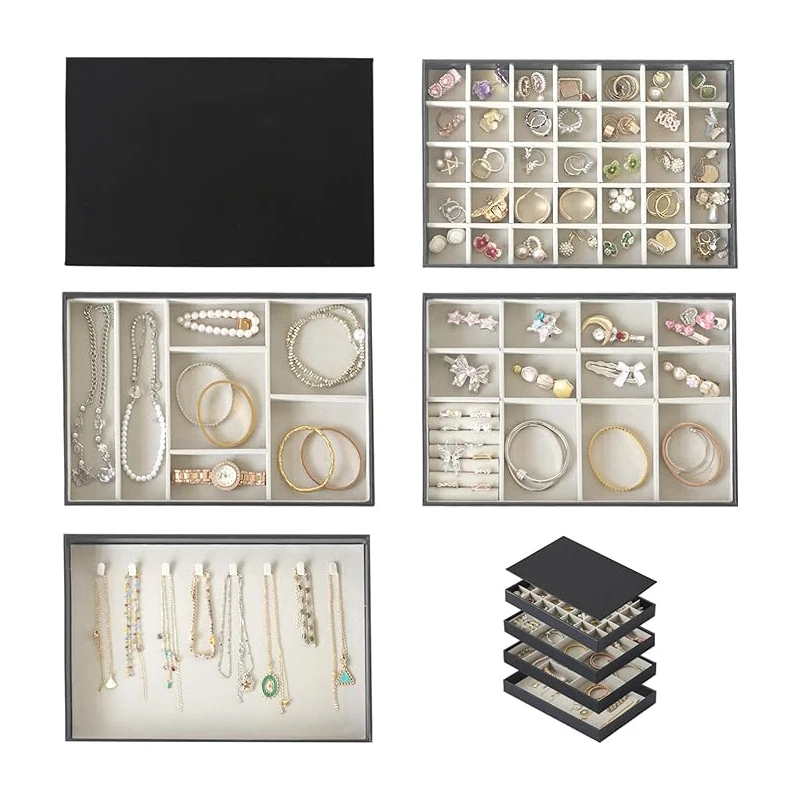 Jewelry Organizer Tray with Lid PU Leather Jewellery Storage Display case Extra Large Set of 4 Stackable Jewelry Organizer