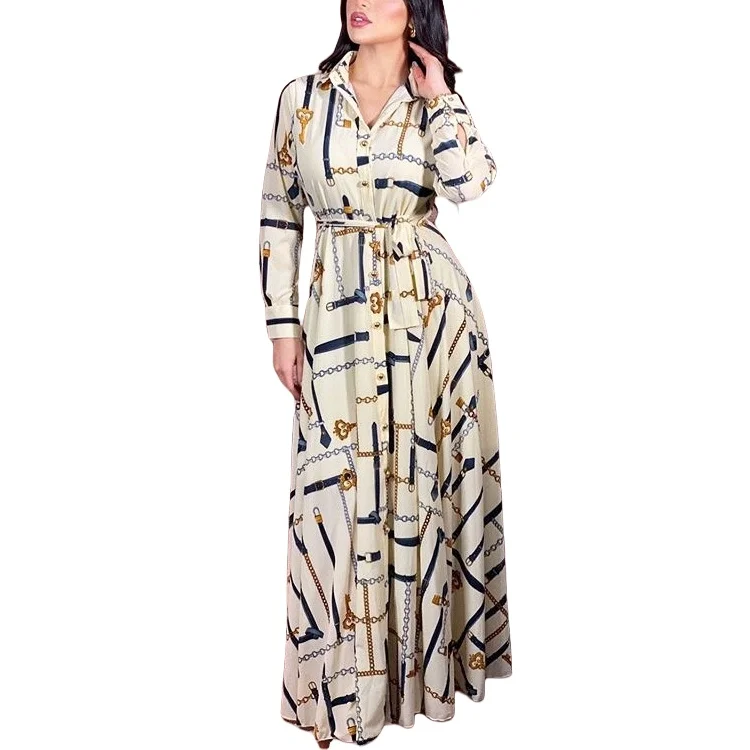 Southeast Asia multi-color chain print shirt dress with belt and buttons for women long dresses women muslim