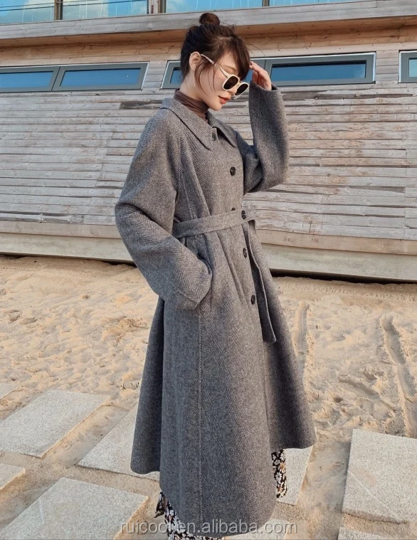 Peter pan collar wool coat with raglan sleeves in grey, herringbone pattern fabric