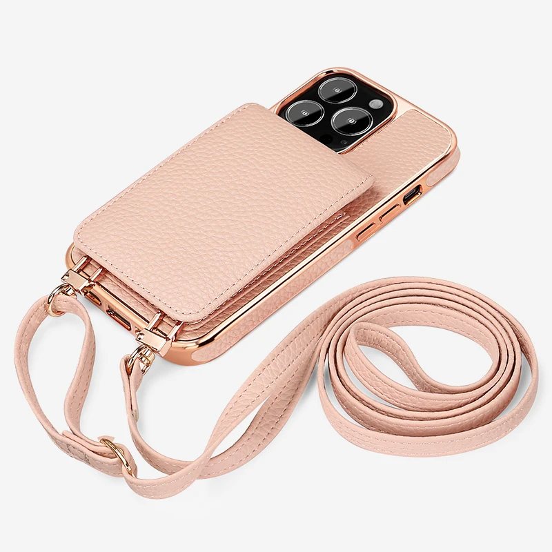 Vietao Custom Logo crossbody strap pure leather mobile phone cases For iphone 15 pro 14 13 12 11 pro max handmade leather case