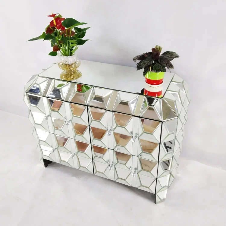 Современный витринный шкаф со скошенными краями из серебристого стекла, шкаф-сервант для гостиной, прихожей с 4 ящиками