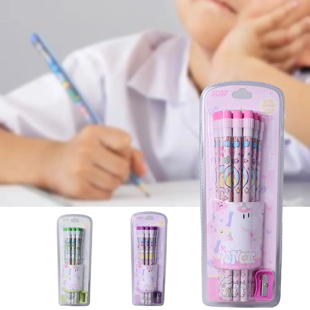 Topsthink Cartoon Printed Personalised Pencil custom Printed Pencil Brand HB Wooden Pencil with Eraser Sharpener Set
