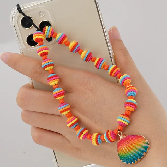  Woying 2021 Boho Colorful Handmade Wave Spherical Beads Phone Strap Beach Wind Acrylic Shell Key Chain