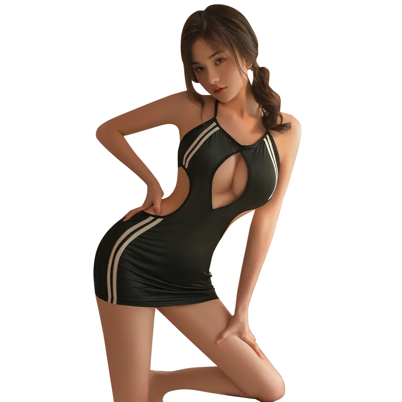 Beautiful Girls Hanging Neck Stripe Hollow Out Tight Backless Nude One-piece Dress Set Sexy Skirt & T-Pants