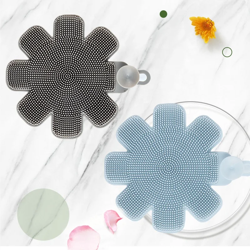 Reusable Wholesale Sponge Silicone Washing Sponge Kitchen Scrubber Flower Shape Cleaning Brush with Suction Cup Household Gadget