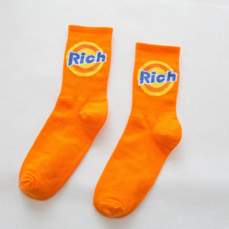 Korean Funny Orange Letters Rich Hip-hop Skateboard Stockings Cotton Funky Letters RICH Unisex Adults Sports Socks