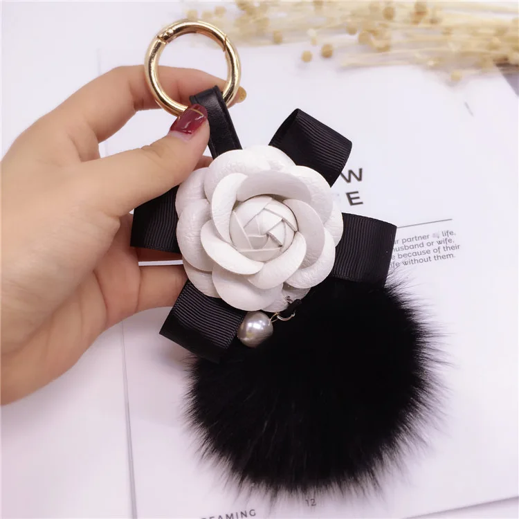 New Korean Style Bow Camellia Key Holder Pendant Flower Shape Keyrings with Fox Fur Ball (KC296C)