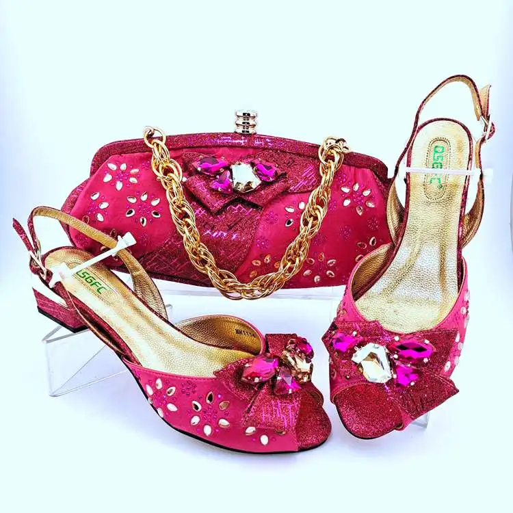 AB8644 Nigeria Gold Latest Low Heeled Shoes Italian and Bags Set for Weeding Party
