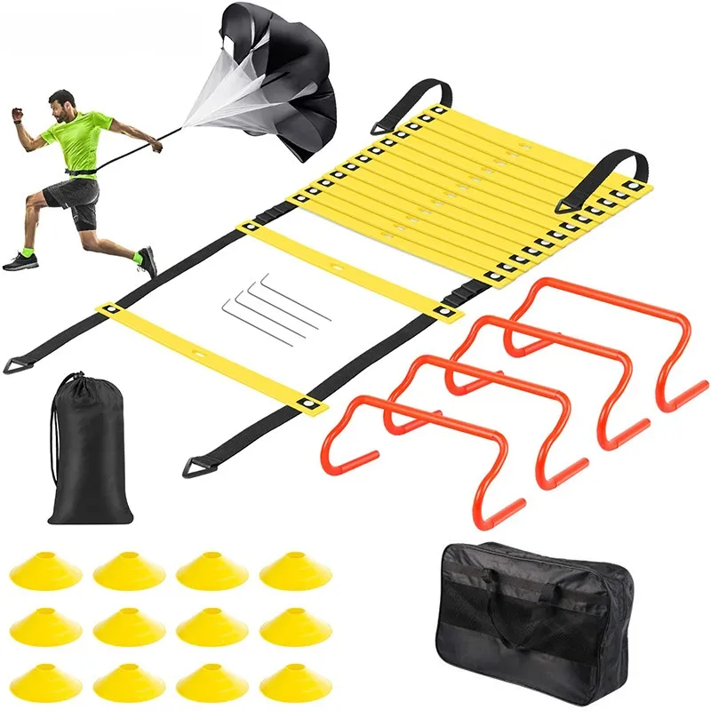 Football Soccer Speed Training Equipment Set Agility Ladder 12 Soccer Cones 4 Hurdles Running Parachute Agility Ladder