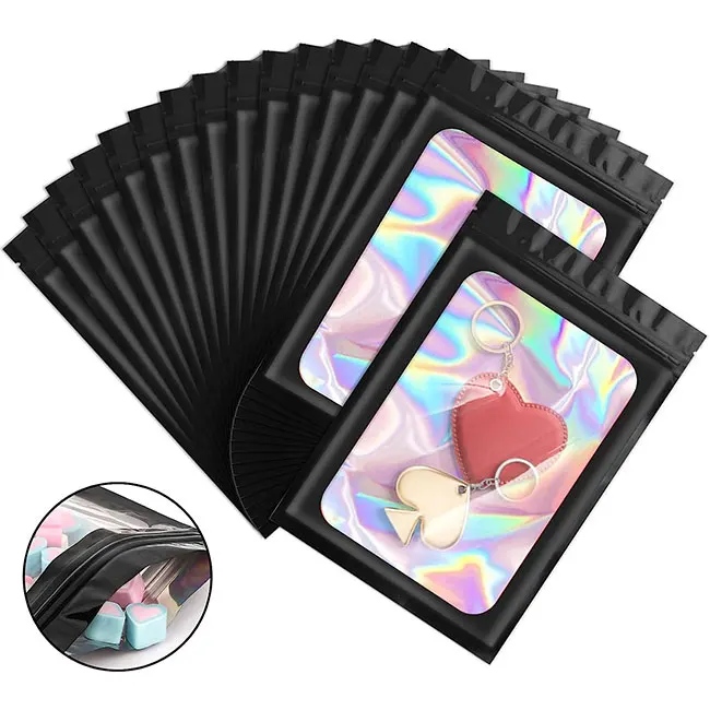 RTS In Stock 100Pcs Resealable Ziplock Pouches 4X6 Inch Laser Holographic Packaging Black Mylar Bags With Clear Window