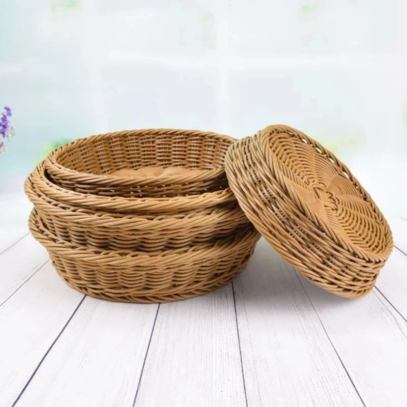 Round Wicker Woven Basket Bread Tray for Food Fruit Cosmetic Storage Tabletop Bathroom Storage Box Home Kitchen Organize