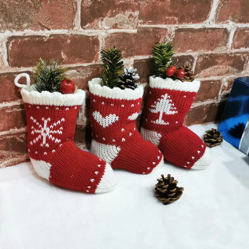
9 inches knit Christmas Stockings with Xmas Tree Heart Snowflake pattern printing for Fireplace hanging socks 