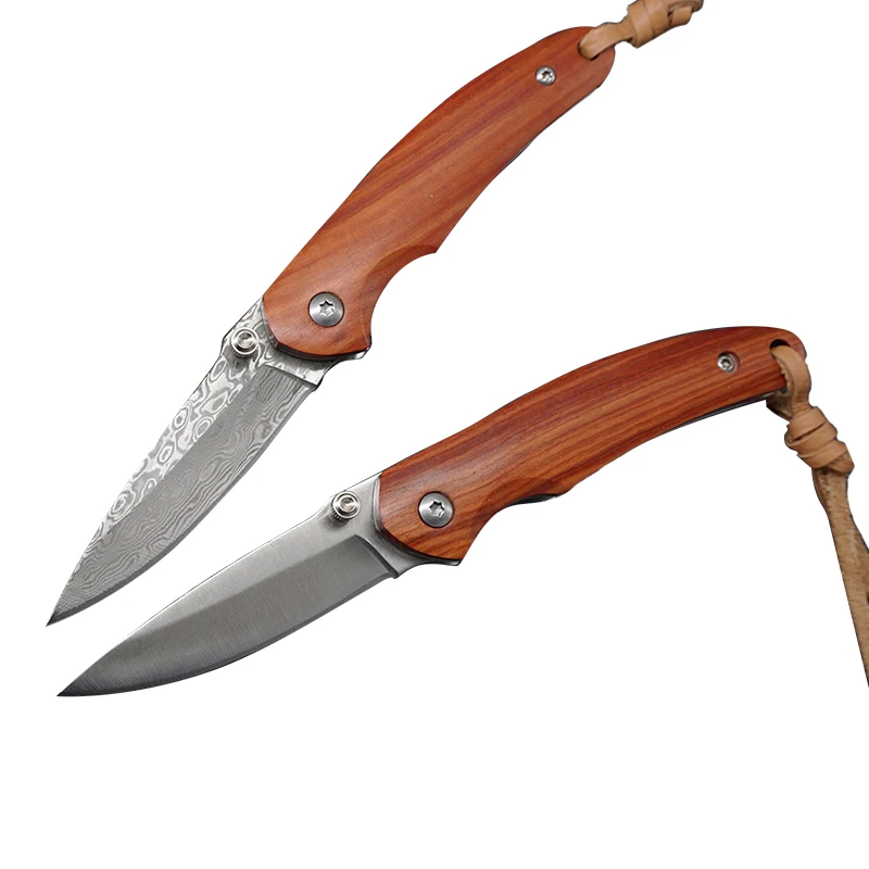 new design damascus/440c folding knife with red sandal wood handle