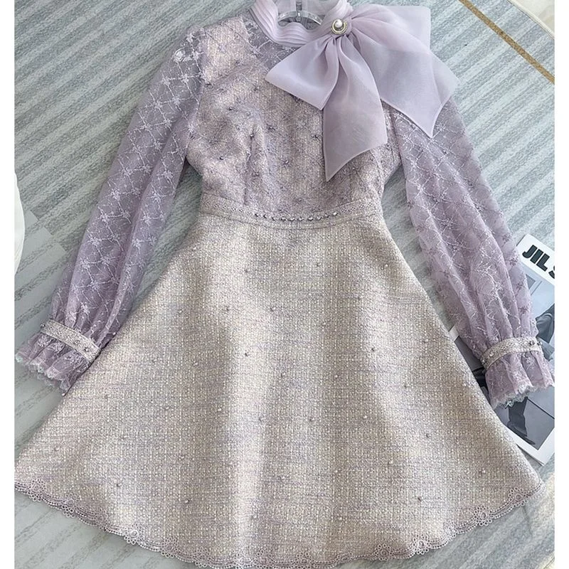 Autumn 2022 New Lace Dress Heavy Industry Beaded Mesh Embroidery Bowknot Purple Dress