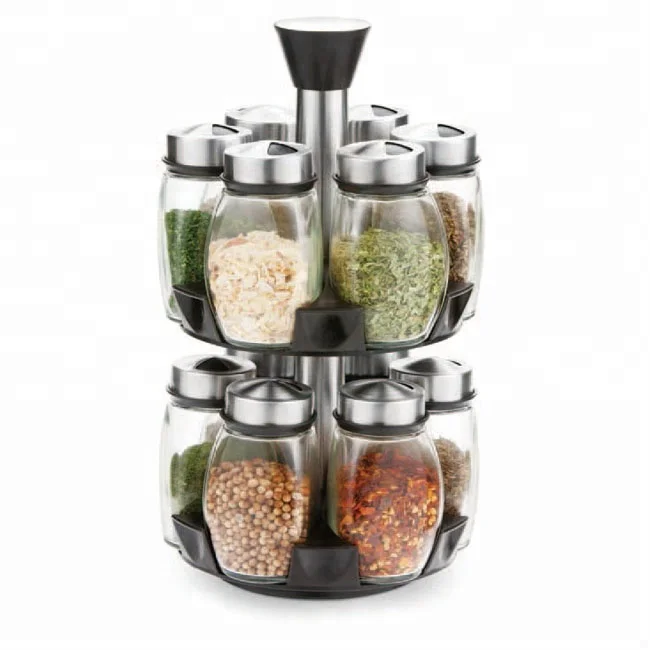 Glassware Revolving Counter top Carousel Herb and Spice Rack with 120ml Glass Jars Set of 12 Jar