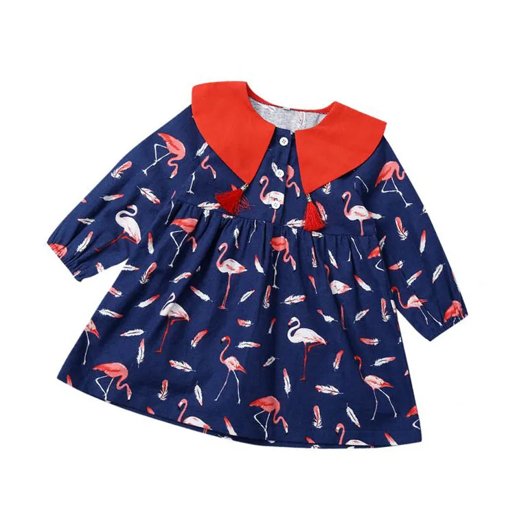 
Hot sale autumn one-piece peter pan collar child dresses blue long sleeve children wears baby girl dress with print kid kid 2020 